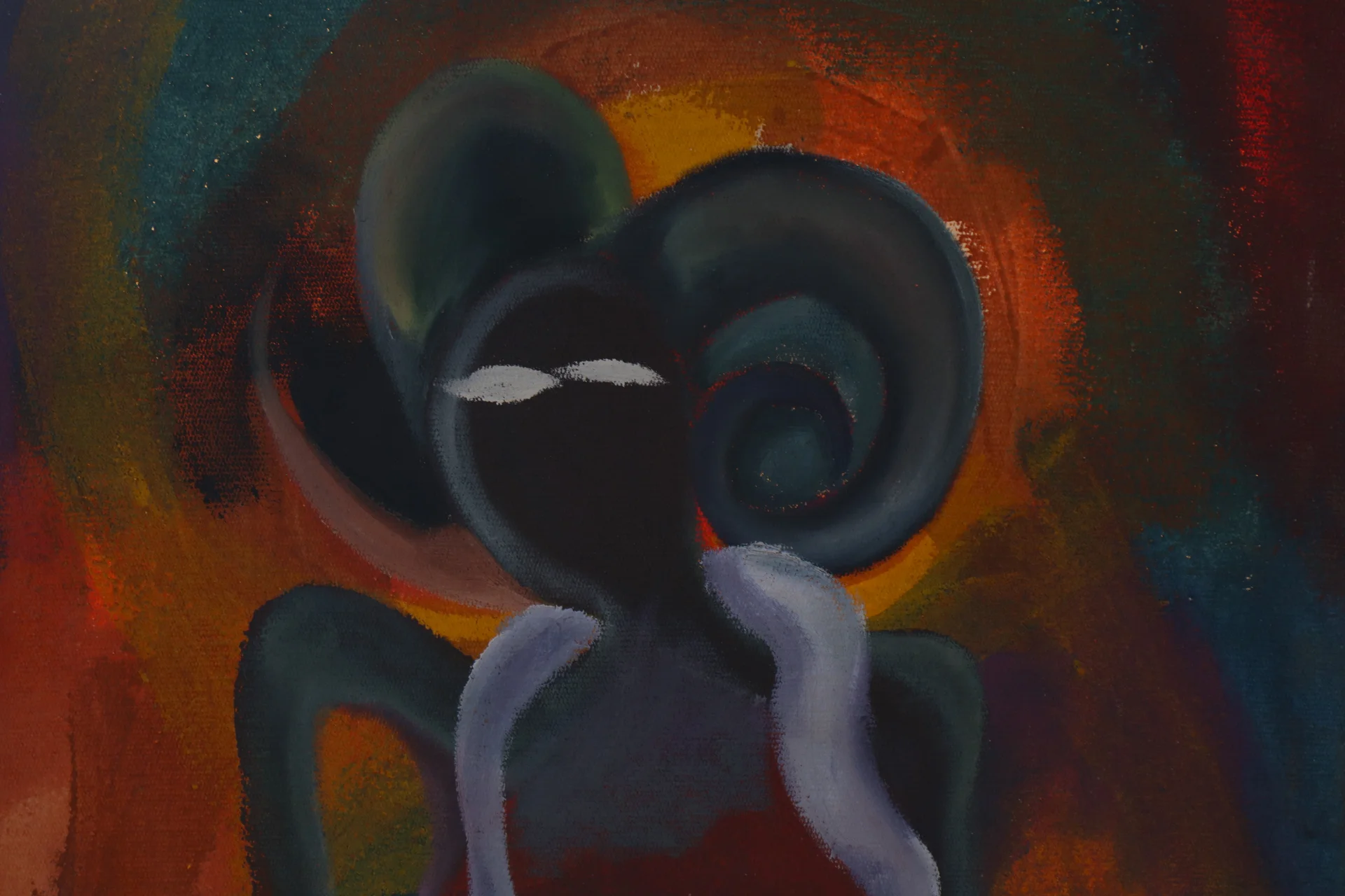 An abstract painted figure with glowing white eyes emerges from deep dark shapes, surrounded by warm orange, red, and blue tones.